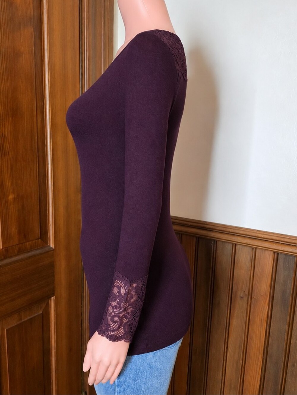 NWOT Ragno Wool Lace-Trim Long Sleeve Top in Plum Large - Picture 2 of 6
